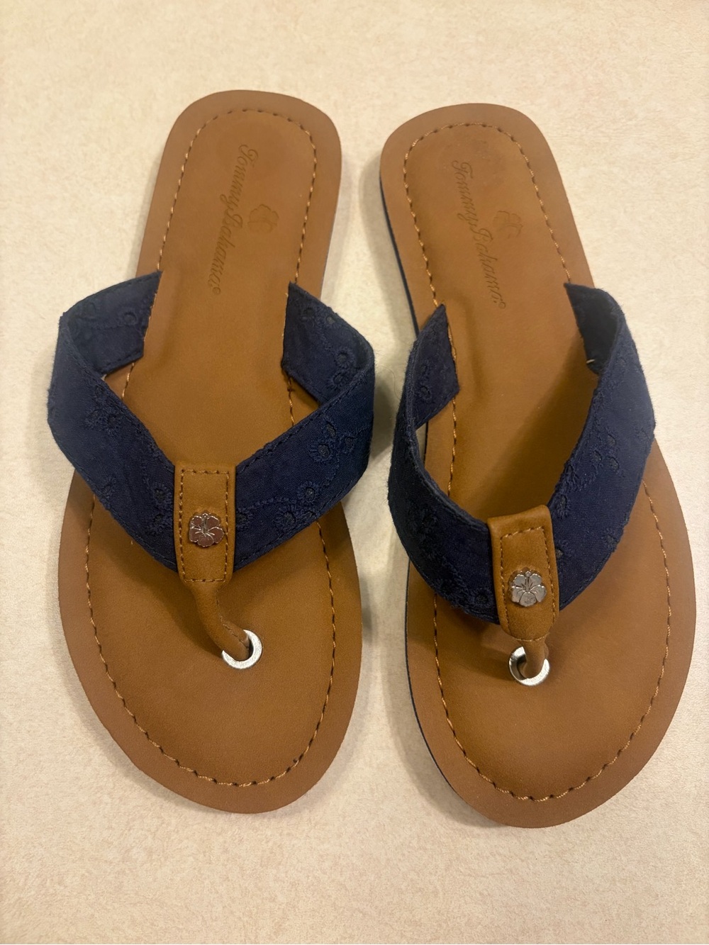 Tommy Bahama Navy and Tan Thong Sandals / Flip Flops Size 7